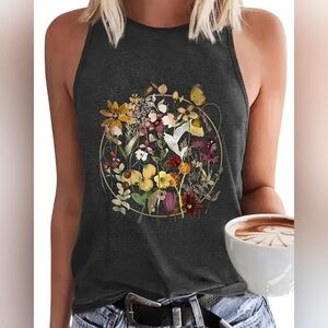 🆕 Women's Sleeveless Heathered Grey & Floral Screen Print T-shirt
